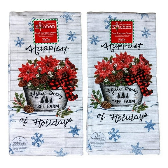 Set of 2 TREE FARM Happiest of Holidays Terry Kitchen Towels by Kay Dee Designs