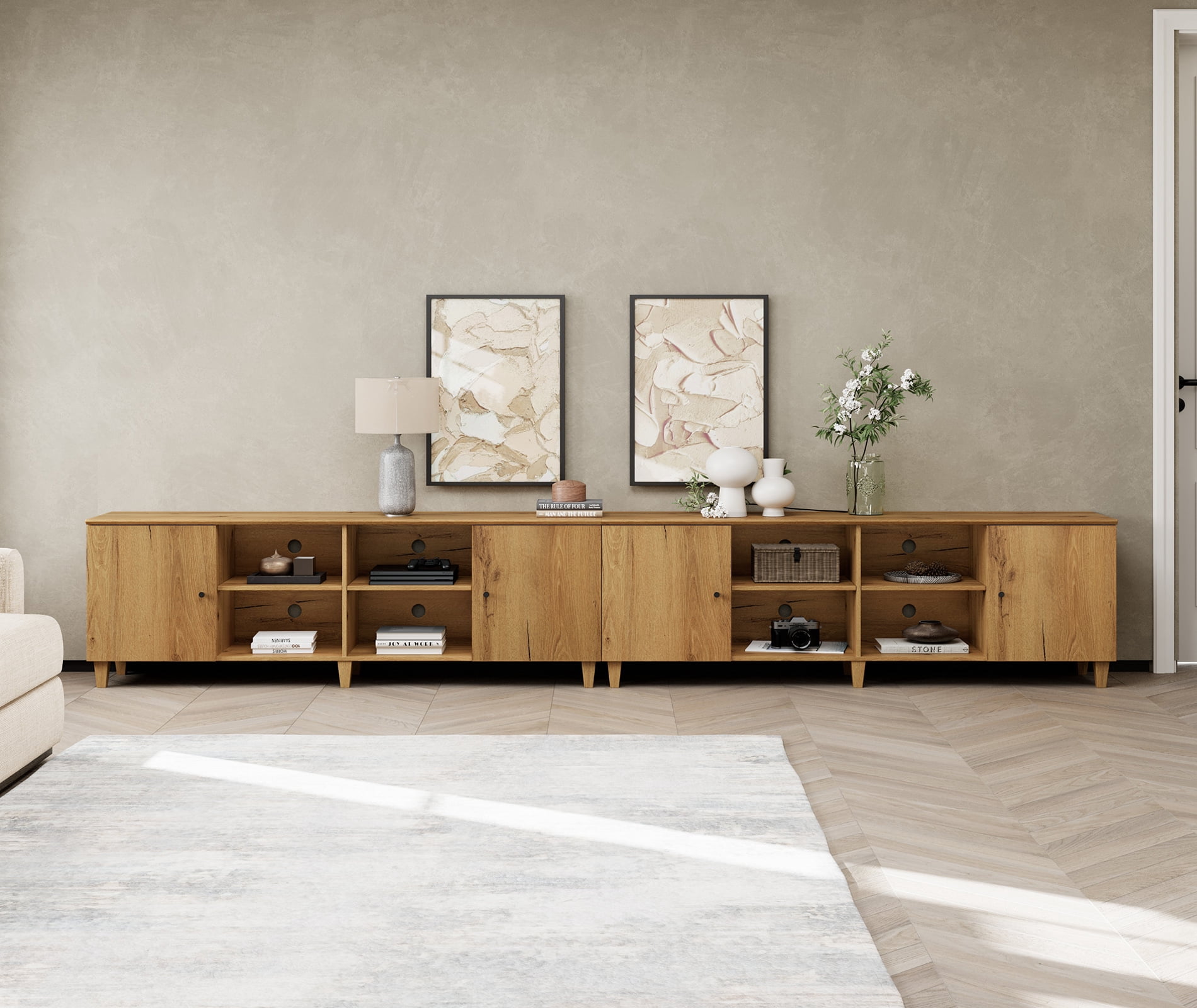 Set of 2 TV Stand Cabinets for 120+ Inches TVs, Modern Wood Low Media Console with Doors & Shelves, Dark Brown