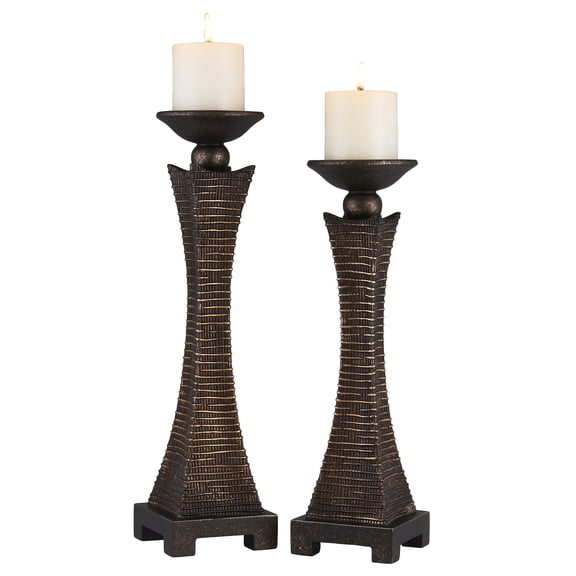 Set of 2 Tall Rustic Bronze Candleholders, 15.75" & 17.5" Wicker Weave Polyresin with Votive Candles for Farmhouse Mantel Decor