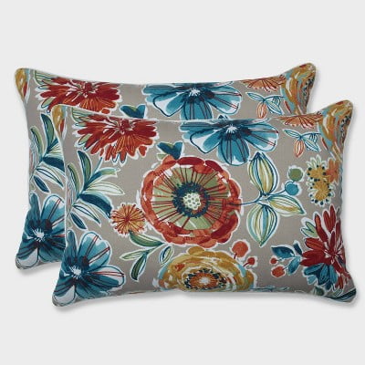 Set of 2 Tan and Multicolor Floral Outdoor Lumbar Pillows