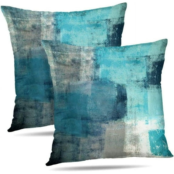 Set of 2 Teal Throw Pillow Covers Turquoise and Grey Art Decorative Cushion Cover for Home Bedroom Sofa Living Room 16X16 Inches