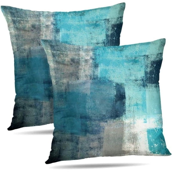 Set of 2 Teal Throw Pillow Covers Turquoise and Grey Art Decorative Cushion Cover for Home Bedroom Sofa Living Room 16X16 Inches