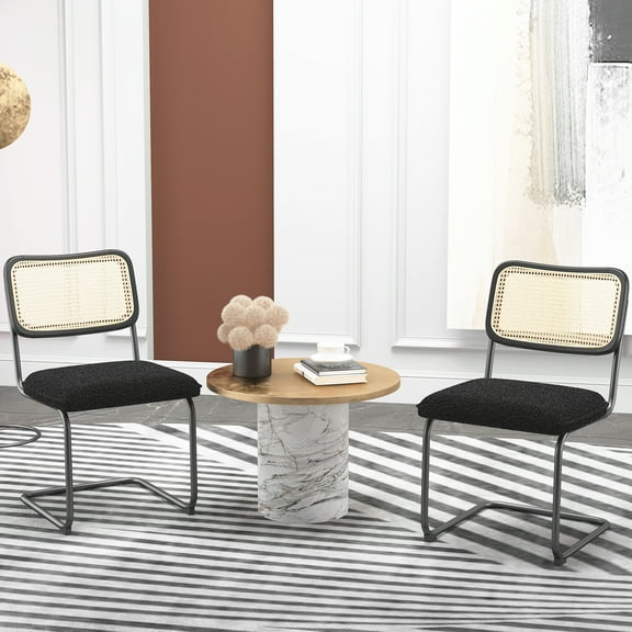 Set of 2, Teddy Velvet Dining Chair with High-Density Sponge, Rattan Chair for Dining room, Living room, Bedroom, Black