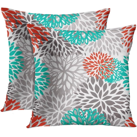 Set of 2 Throw Pillow Cover Blue Aqua Orange Gray and Floral Anchors Decorative Pillow Case Home Decor Square 18 x 18 Inch Pillowcase