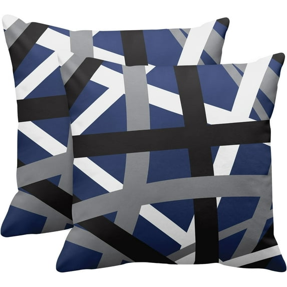 Set of 2 Throw Pillow Cover Blue Black Stripes Grey White Design Retro Decorative Pillow Case Striped Home Decor Square 18x18 Inch Cushion Pillowcase