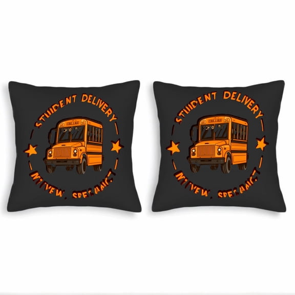Set of 2 Throw Pillow Covers 18x18in - Black Background with School Bus & Orange Stars " STUDENT DELIVERY " & " MY VIEW OF THE WORLD " Design