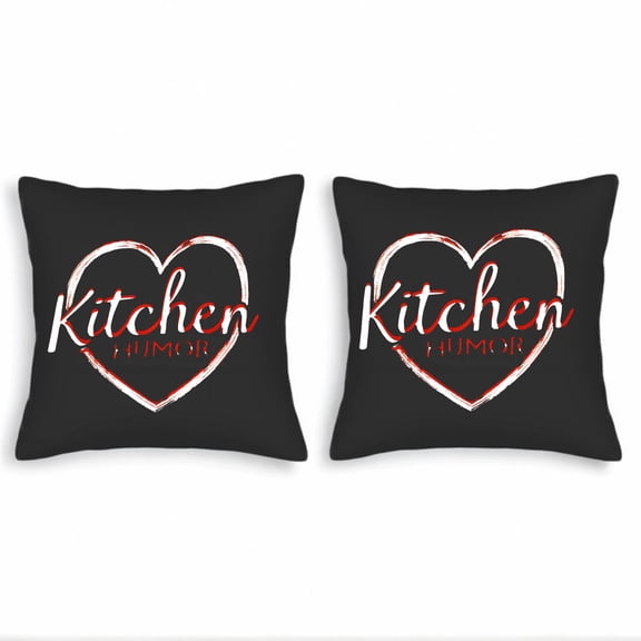 Set of 2 Throw Pillow Covers 18x18in - Black with Playful ' Kitchen ' Cursive & Heart Design Perfect for Couch Bed or Car