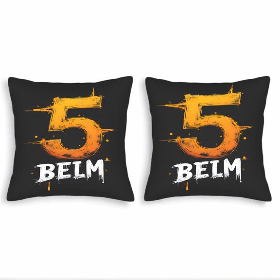 Set of 2 Throw Pillow Covers 18x18in - Bold Black Background with Vibrant Orange & Yellow Number ' 5 ' and Dripping ' BEL ' Design for Modern Decor