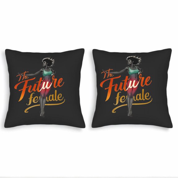 Set of 2 Throw Pillow Covers 18x18in - Bold Black with Vibrant ' The Future Female ' Design Empowering Dance Illustration for Couch Bed Car