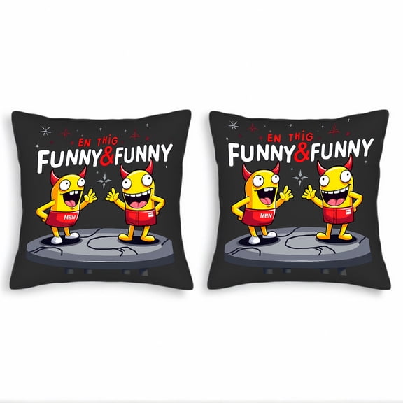 Set of 2 Throw Pillow Covers 18x18in - Cartoon Yellow Creatures with Red Horns Design for Couch Bed Car - Fun & Whimsical Decorative Cushion Cases