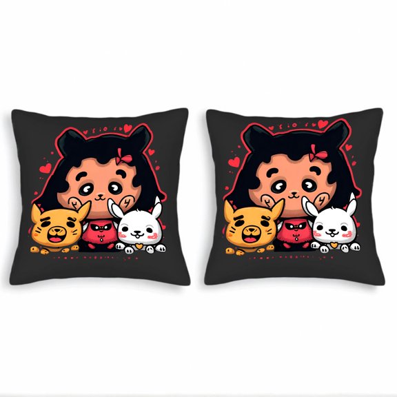 Set of 2 Throw Pillow Covers 18x18in - Cheerful Cartoon Design with Expressive Character & Adorable Animals on Dark Background