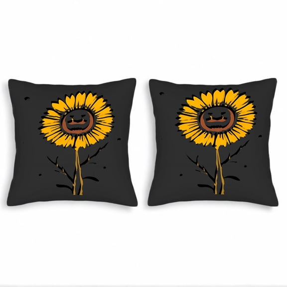 Set of 2 Throw Pillow Covers 18x18in - Cheerful Sunflower Design with Smiling Face Yellow Petals on Black Background Perfect for Couch Bed Car