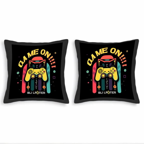 Set of 2 Throw Pillow Covers 18x18in - Colorful Game Controllers & Abstract Shapes ' GAME ON ' Design for Couch Bed Car