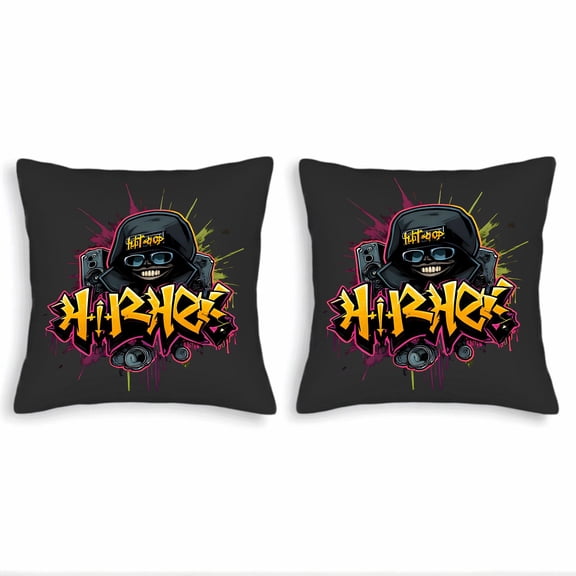 Set of 2 Throw Pillow Covers 18x18in - Colorful Graffiti Style with Hip Hop Design Perfect for Couch Bed or Car Decor