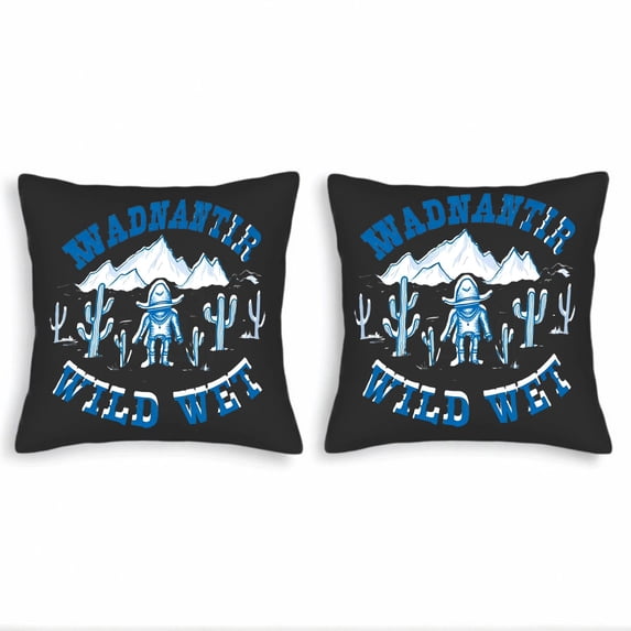 Set of 2 Throw Pillow Covers 18x18in - Cow-Themed design with bold ' MADANANTIR ' and ' WILD WEST ' text perfect for couch bed or car