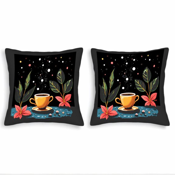 Set of 2 Throw Pillow Covers 18x18in - Cozy Coffee & Floral Design Vibrant Green Leaves & Red Flowers Perfect for Couch Bed Car