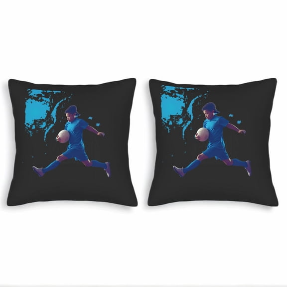 Set of 2 Throw Pillow Covers 18x18in - Dynamic Blue Soccer Player Design Perfect for Couch Bed or Car Energetic and Stylish