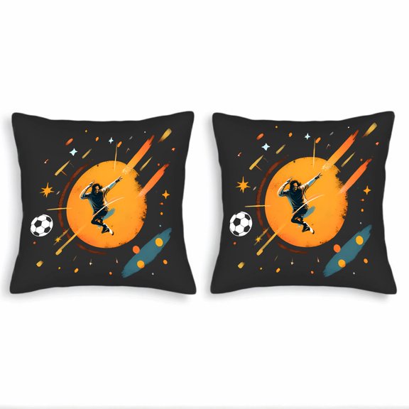 Set of 2 Throw Pillow Covers 18x18in - Dynamic Soccer Kick Design with Abstract Space Elements Perfect for Couch Bed or Car