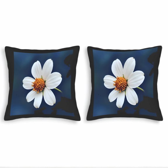 Set of 2 Throw Pillow Covers 18x18in - Elegant White Flower Design with Orange - Yellow Center on Dark Blue Background Perfect for Couch Bed Car