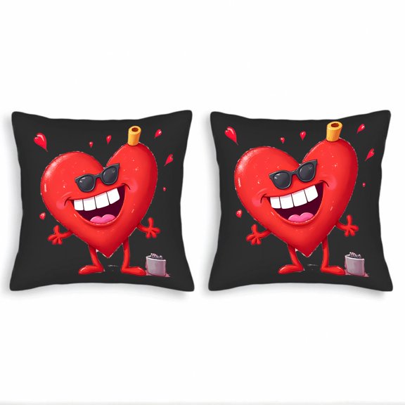 Set of 2 Throw Pillow Covers 18x18in - Fun Cartoon Heart Design with Sunglasses & Bandage Perfect for Couch Bed or Car Decor