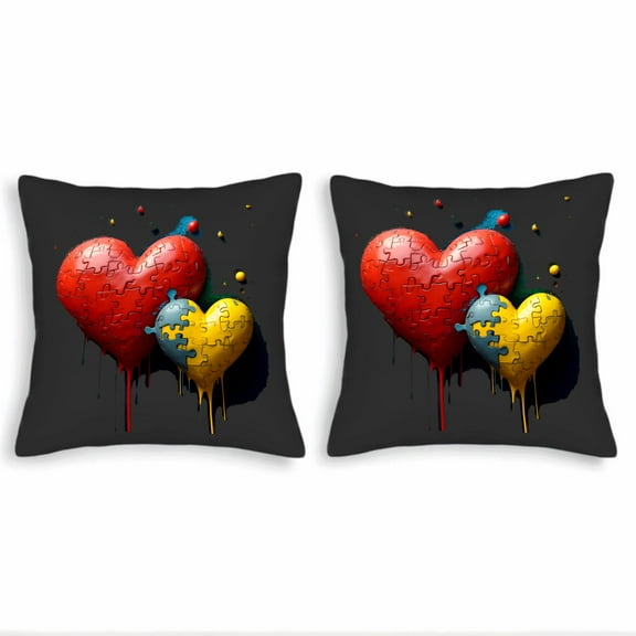 Set of 2 Throw Pillow Covers 18x18in - Heart-Shaped Puzzle Design in Red Yellow and Blue - Perfect for Couch Bed or Car Decor