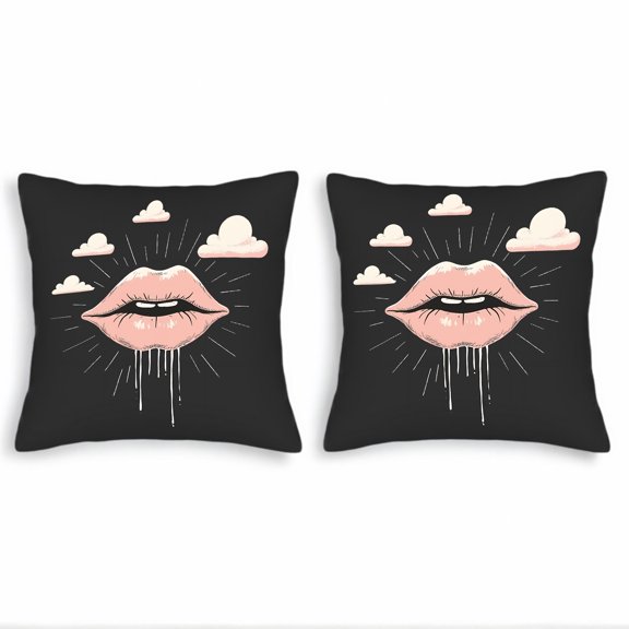 Set of 2 Throw Pillow Covers 18x18in - Minimalistic Pink Lips & Clouds Design for Couch Bed Car Decor