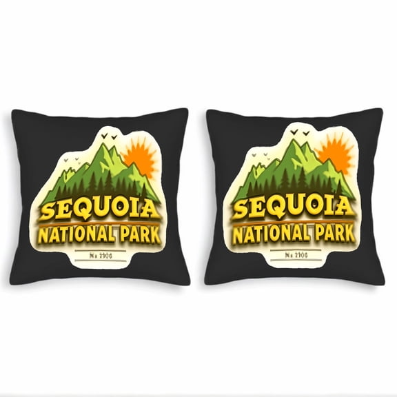 Set of 2 Throw Pillow Covers 18x18in - National Park Design with Bold Yellow Text Green Mountains Pine Trees and Orange Sun