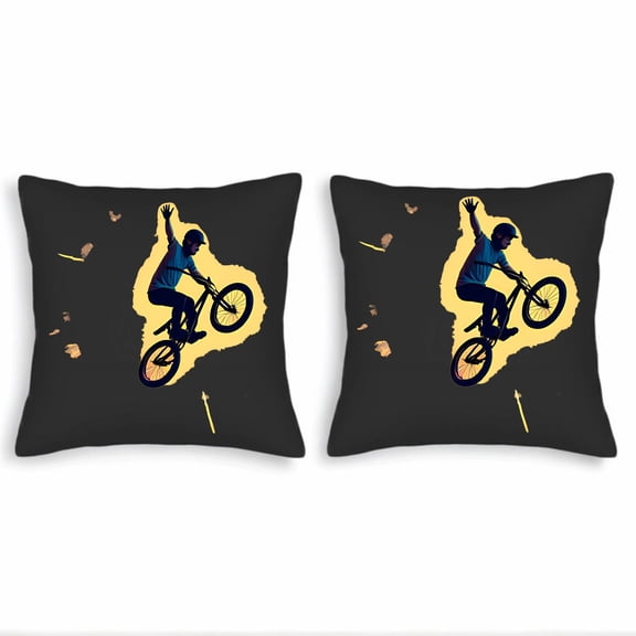 Set of 2 Throw Pillow Covers 18x18in - Stylish Bicycle Jump Silhouette Design on Dark Textured Background Perfect for Couch Bed Car