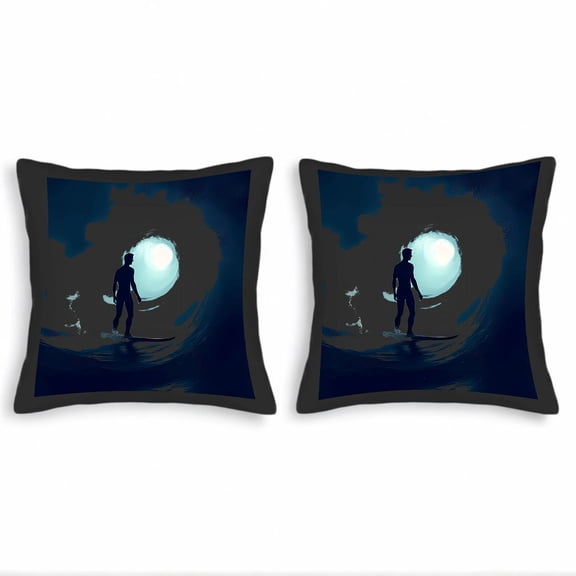 Set of 2 Throw Pillow Covers 18x18in - Surfing Wave Silhouette Design Perfect for Couch Bed or Car - Serene & Adventurous Decor