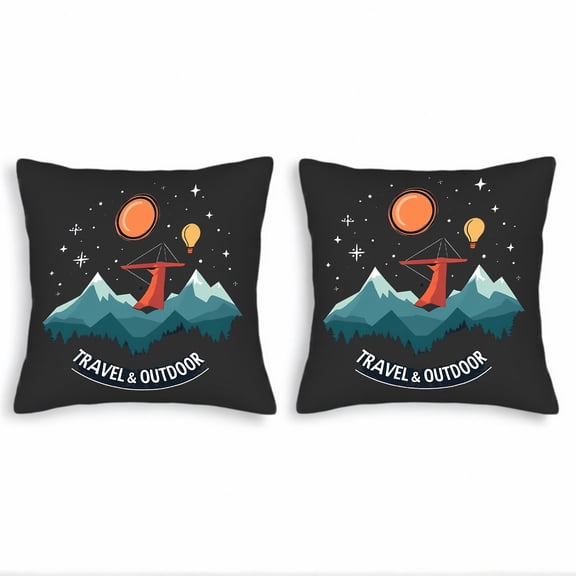 Set of 2 Throw Pillow Covers 18x18in - Vibrant Night Sky Design with Stars Orange Sun & Hot Air Balloon - Perfect for Couch Bed Car Decor