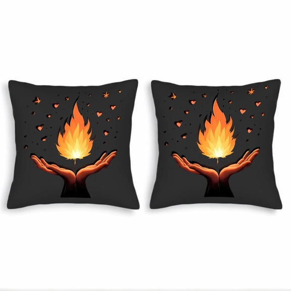 Set of 2 Throw Pillow Covers 18x18in - Warm Flame Design with Hearts & Stars Perfect for Couch Bed or Car Decor