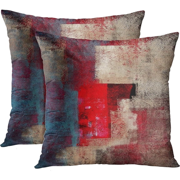 Set of 2 Throw Pillow Covers Modern Abstract Painting Red Brown and Gray Decorative Pillow Cases Home Decor Standard Square 18x18 Inches Pillowcases