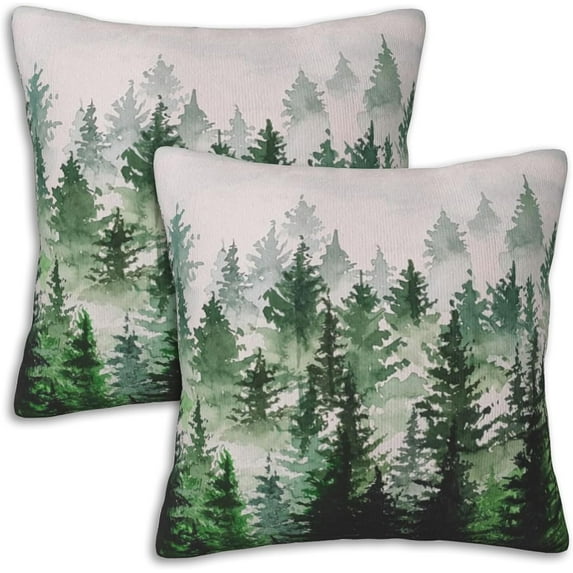 Set of 2 Throw Pillow Covers Soft Green Trees Pillow Cases 18x18 Inch Watercolor Foggy Forest Modern Home Decor Pillow Covers for Couch Bed Sofa