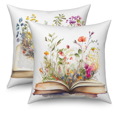 Set of 2 Throw Pillow Covers Spring Floral Flower on Book Decoration Pillow Case for Home Living Room Bed,18"x18" Inch