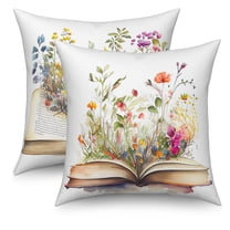 Set of 2 Throw Pillow Covers Spring Floral Flower on Book Decoration Pillow Case for Home Living Room Bed,18"x18" Inch