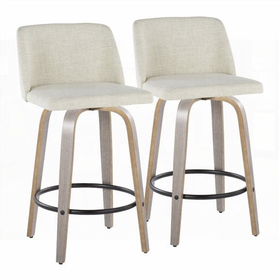 Set of 2 Toriano 26" Contemporary Fixed-Height Counter Stools with Light Grey Wood & Cream Fabric & Round Black Metal Footrest