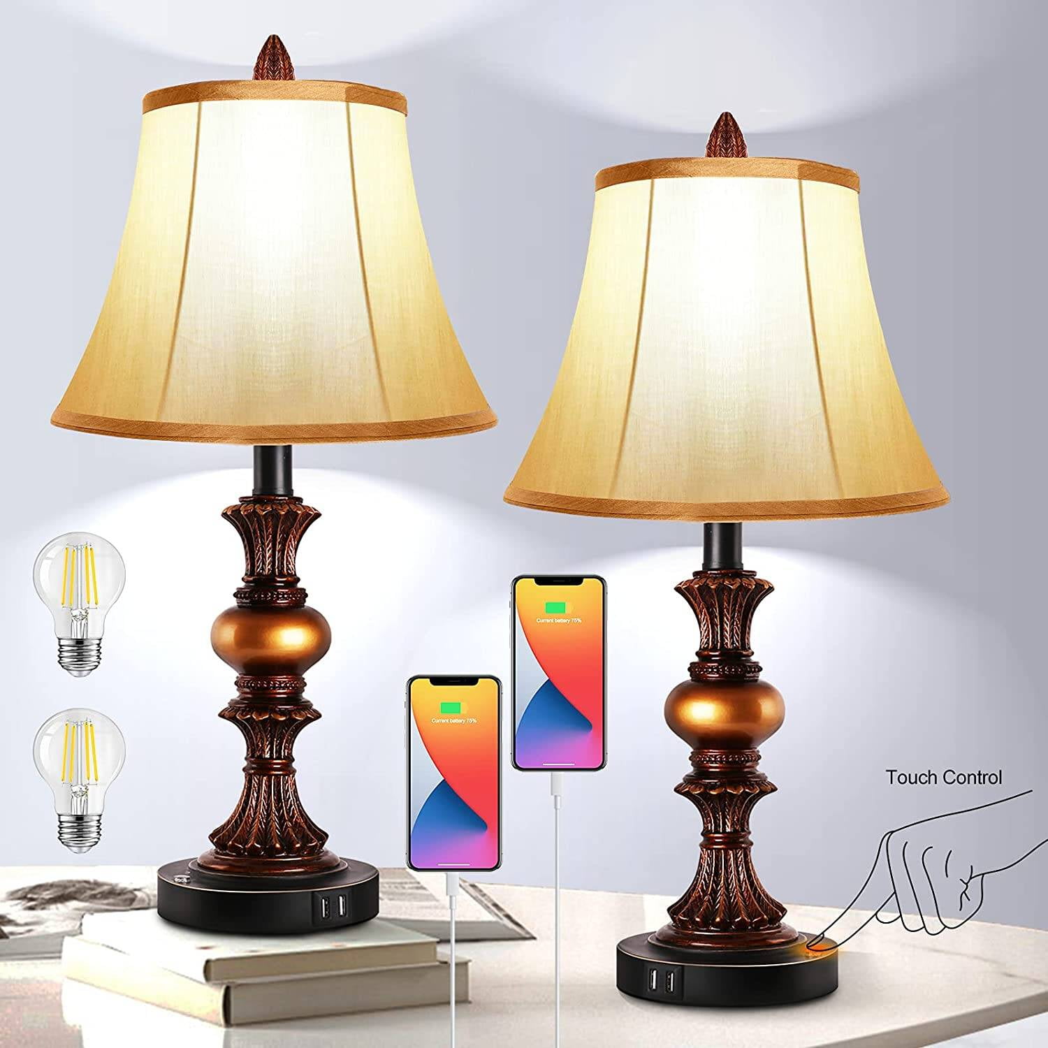 Nictiv Set of 2 Table Lamps, Bedroom Bedside Lamp with 4 USB Port Touch Control 3-Way Dimmable Nightstand Lamp Traditional Wooden Lamp Sets with 2 Free LED Bulbs