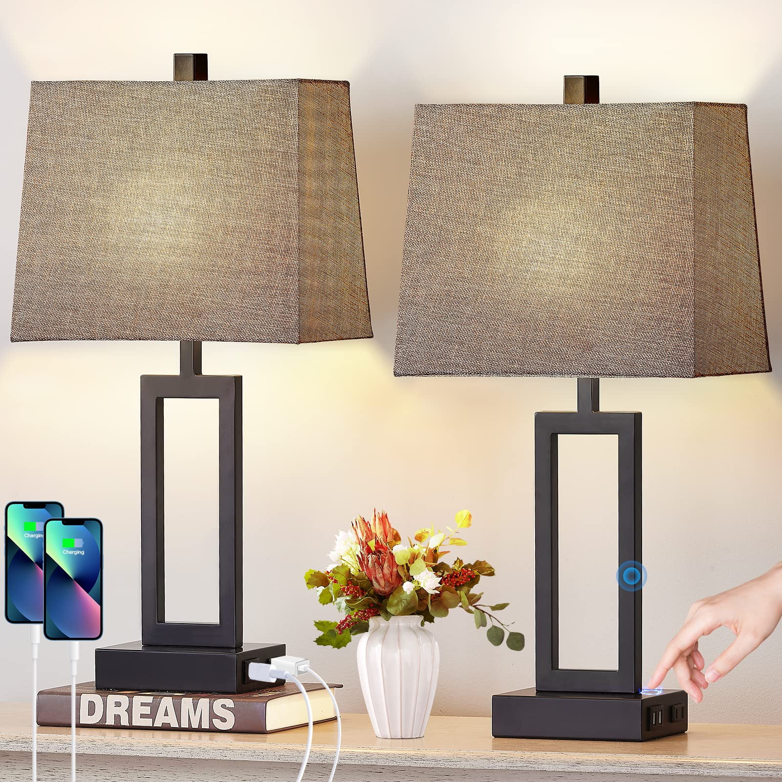 Set of 2 Black Touch Control Table Lamps with USB Ports