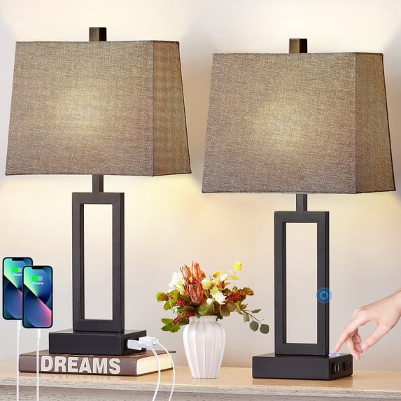 Set of 2 Touch Table Lamps,3 Way Dimmable with 2 USB Ports