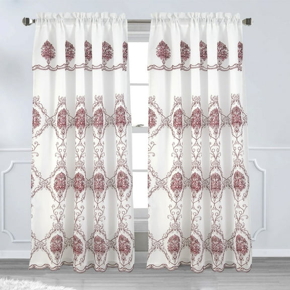 Set of 2 Toulin Embroidered Curtains with Attached Valance and Backing, 84" Long, Burgundy