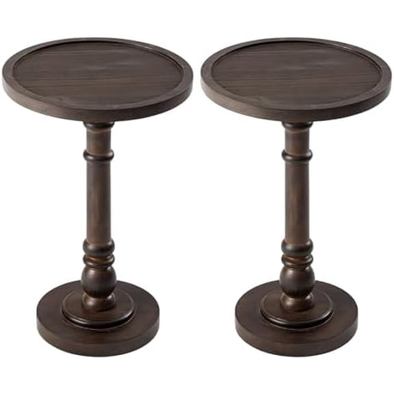 Set of 2 Traditional Rustic Pedestal Tables, Round Tray Top End Table with Farmhouse Style Distressed Finish for Small Spaces, Dark Brown$$Furniture