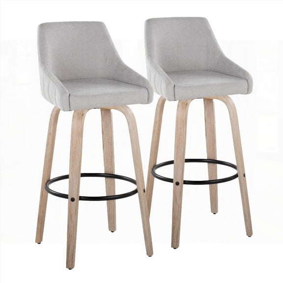 Set of 2 Transitional Whitewashed Wood and Grey Fabric Barstools with Swivel and Round Black Metal Footrest by LumiSource
