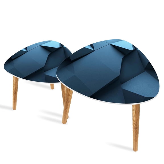 Set of 2 Triangle End Table 3D Paneling Textured 3D Wall Matt Blue Geometric Set of 2 Side Tables End Tables, Nesting Tables for Living Room