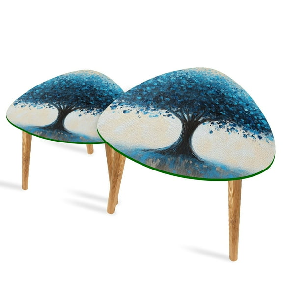 Set of 2 Triangle End Table Abstract Blue Leaves Trunk Abstract Set of 2 Side Tables End Tables, Nesting Tables for Living Room