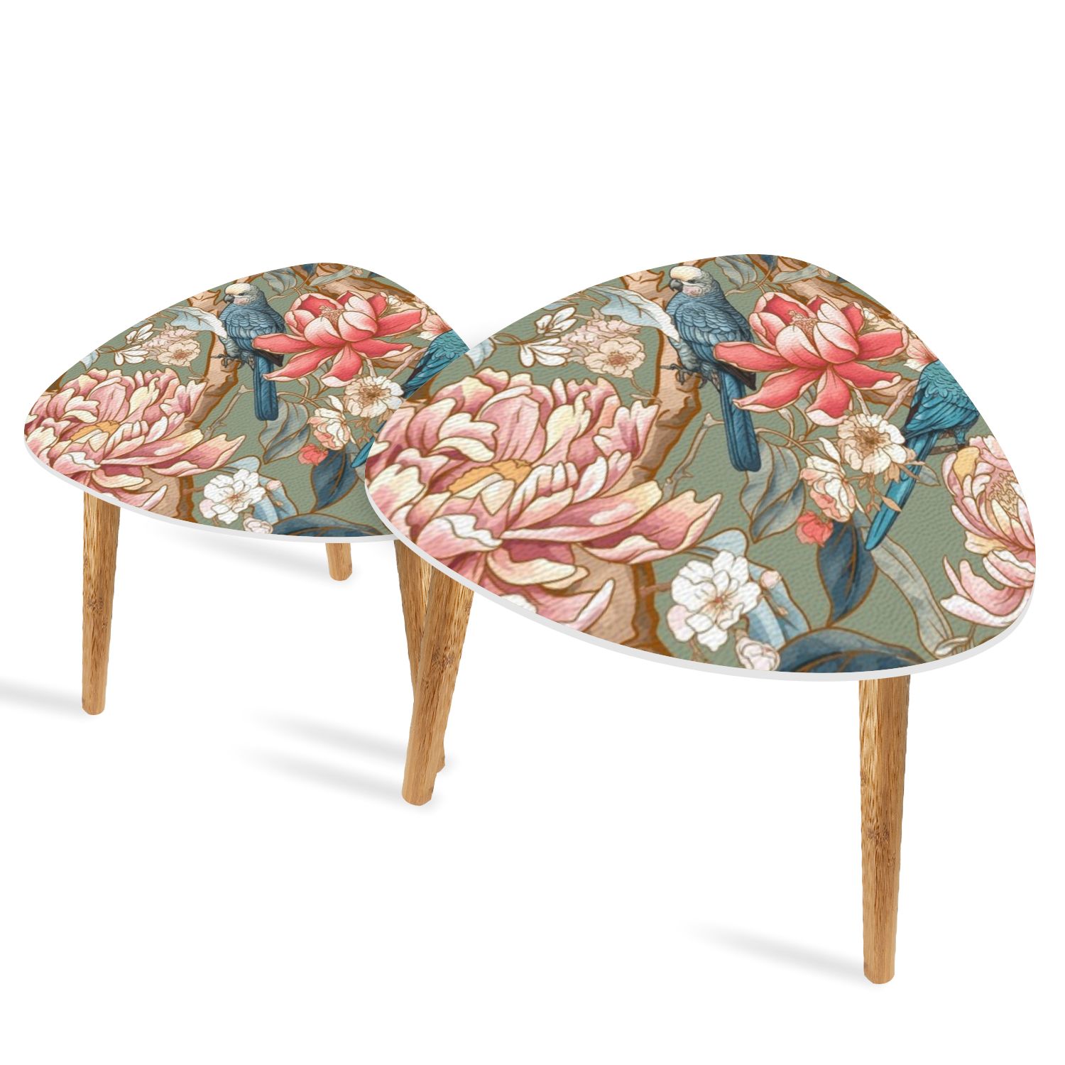 Set of 2 Triangle End Table Blossom trees sparrow parrots Seamless ...