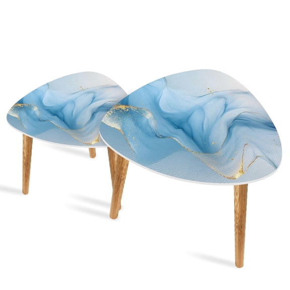 Set of 2 Triangle End Table Blue Gold Marble Abstract White Modern Swirling Set of 2 Side Tables End Tables, Nesting Tables for Living Room