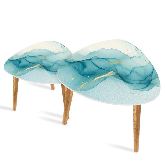 Set of 2 Triangle End Table Blue Gold Marble Abstract White Modern Swirling Set of 2 Side Tables End Tables, Nesting Tables for Living Room