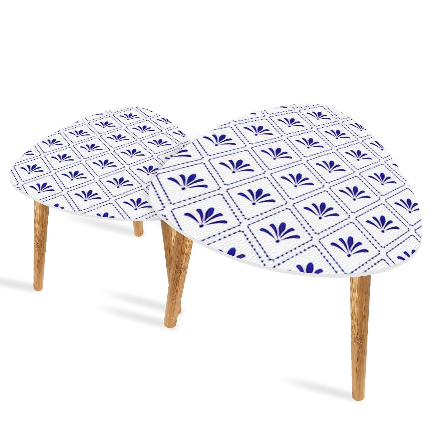 Set of 2 Triangle End Table Cute blue white pattern Seamless porcelain ...