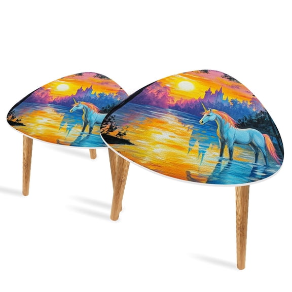 Set of 2 Triangle End Table Diy Oil Painting Horse Landscape Lake At Sunset Forest Set of 2 Side Tables End Tables, Nesting Tables for Living Room