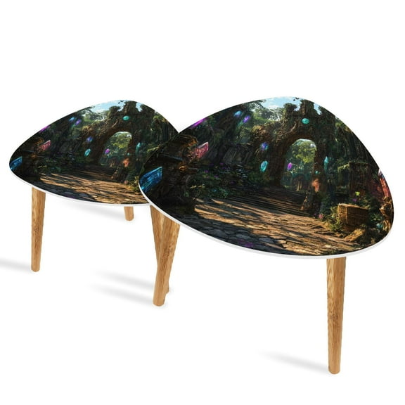 Set of 2 Triangle End Table Fantasy Forest Fairy Tale Psychedelic Jungle Mysterious Set of 2 Side Tables End Tables, Nesting Tables for Living Room